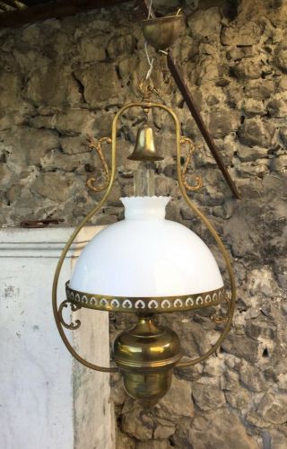 XL French Brass Hanging Hurricane Lamp Chandelier brass Vintage Light Fixture 2