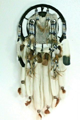 Southwestern Fur,  Hide,  Feather And Beaded Dream Catcher.  36 " Tall.