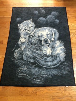 Vintage Biederlack Reversible Cat Kitten Dog Blanket Throw Made In Usa