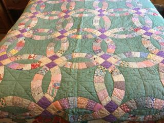Antique All Hand Made Cotton Wedding Ring Quilt,  Bright Colors
