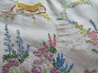 Vintage Hand Embroidered Linen Tablecloth - Exquisite Thatched Cottages & Floral 