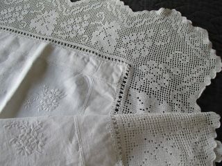 Antique Hand Embroidered Linen Tablecloth - Hand Crochet Lace Edging