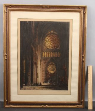 Antique Arts & Craft Period Hand Carved Gold Gilt Frame & Etching Print
