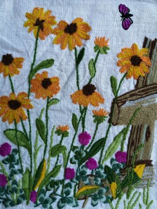 Vintage Embroidered Woolwork Panel Floral Cottage Garden Flowers Repurposing