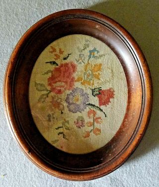 Early 20th Century Flowers Wool Work Tapestry Picture With Oval Frame