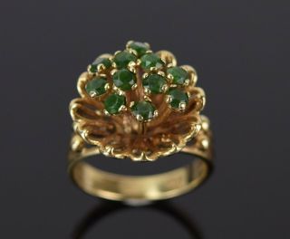 Vintage Estate 14k Solid Yellow Gold Flower Ring W Emerald Stamen Anthers