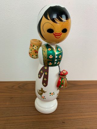 Wood Asian Korean Girl Bobble Head Nodder Figurine Hand Painted Folk Art Vtg 12 "