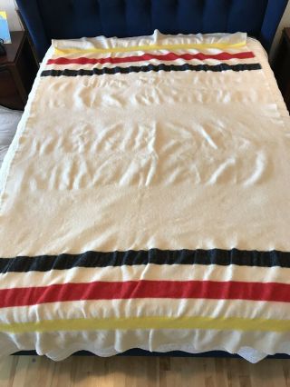 Pair Vintage Twin Size Wool 2 Blankets Black Red Yellow Stripes Cabin