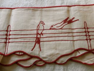 Antique French Turkey Red Embroidered Bird Wide Shelf Trim Cotton Muslin Fabric