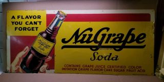 Rare Antique Vintage 1930s - 40s Nugrape Soda Tin Metal Sign 32 " X 14 "