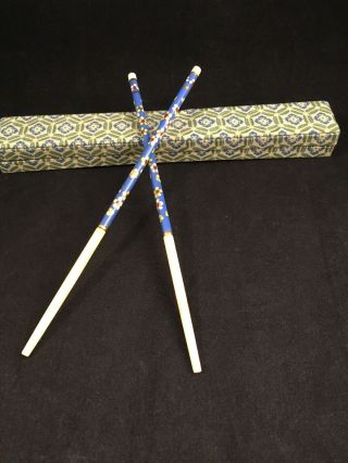Vintage 1950’s Cloisonné Cadet Blue Enamel And Bone Chopsticks Boxed Pair
