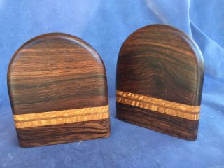 Mid Century Modern Inlaid Wood Bookends Vintage 1970s Book Display Hippie Boho