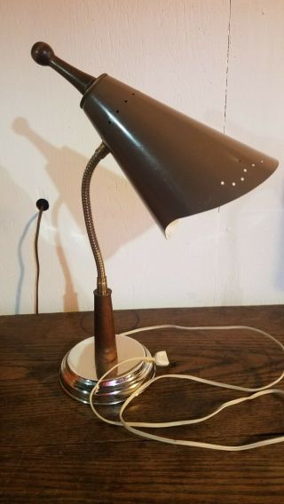 Vintage Mid - Century Atomic Brass & Teak Gooseneck Table Lamp Desk Light