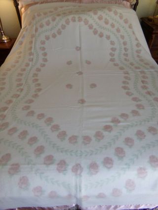 Ivory Floral Vintage Chatham Wool Blanket 72 X 92 Pink Rose Satin Trim Heirloom