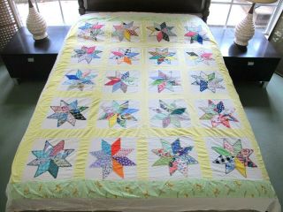 Rustic Vintage Feed Sack Hand Sewn Applique Eight Point Star Quilt Top 80 " X 69 "