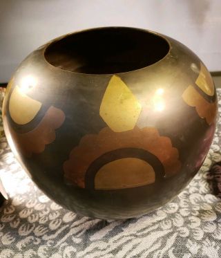 Vintage Brass & Copper Tricolor Round Vase Made In India Large