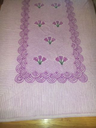 Vintage Chenille Bedspread 104” X 85” Full Size Purple Tulips Lavender Pastel