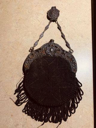 Antique 19th Century Black Purse Bag 19th Century Cut Metal Evening Bag