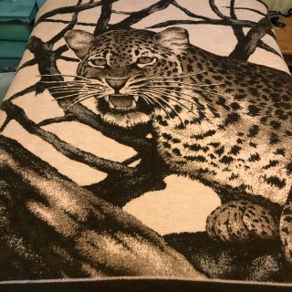 San Marcos Blanket Cheetah Big Cat Brown Tan Reversible Mexico 76 X 86in Vtg