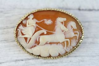 Vintage 14k Yellow Gold Carved Shell Cameo Brooch Chariot Horses Classical Pin