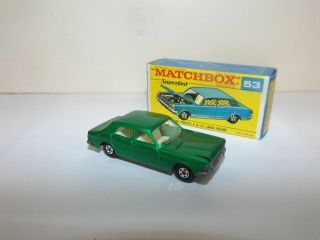 Matchbox Trans.  S/f No.  53 - A Ford Zodiac Dark Met.  Green,  Thin 5 Spoke Wheels Mib