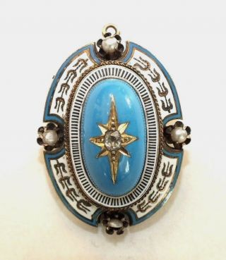 Rare Fine Antique Victorian Oval Enamel & Old Cut Diamond Boss Pendant Brooch