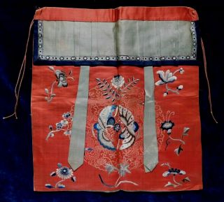 Antique 19th Century Chinese Silk Embroidered Apron,  Insects / Flowers