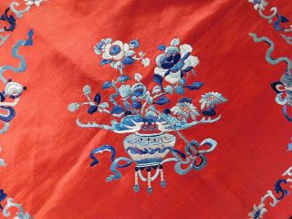 ANTIQUE CHINESE EMBROIDERED RED SILK COSTUME FRONTISPIECE / BIB,  RIBBON TIES 3