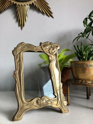 Vintage Art Nouveau Style Brass Picture Frame Naked Lady Water Lily Floral Decor