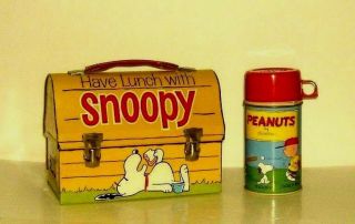 Snoopy Very Rare Vintage 1968 Blue Cup Metal Dome Lunchbox,  W/ Thermos N/mint