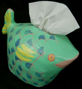 Vintage Paper Mache Tissue Box Turquoise Whale Fish Glidden Pottery