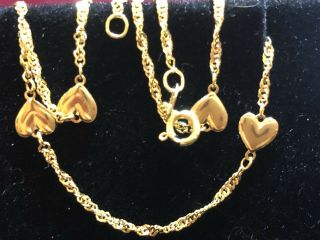 Vintage Estate 14k Gold Heart Ankle Bracelet Station Charm Hearts Made In Italy