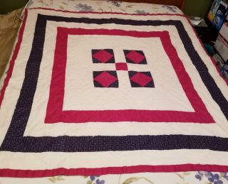 Vintage Handmade Quilt Cotton Fabric Red White Blue Guc 57x58 Old Patchwork