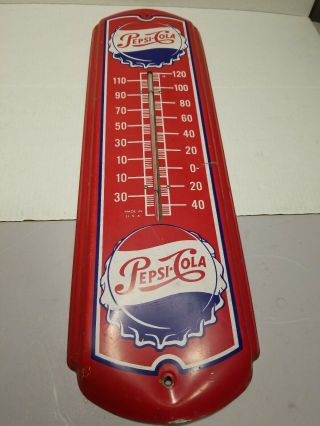 Vintage Red Pepsi Cola Thermometer Metal Sign 27 " X 8 "
