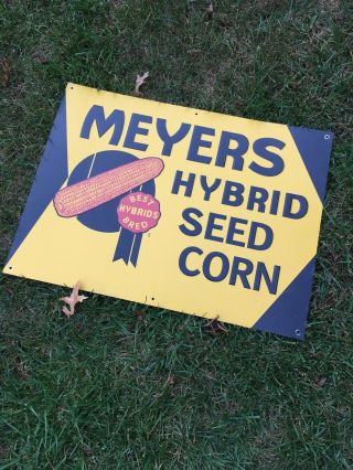 Vintage Meyers Hybrids Seed Corn Feed Sign Rare Embossed