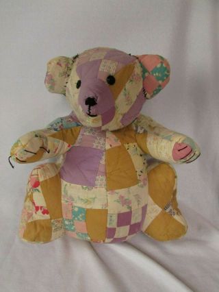 Antique Hand Sewn Stitched Patchwork Teddy Bear Made From Cutter Quilt 17 "
