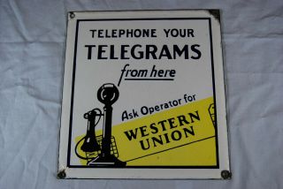Western Union Telegrams Sign Telegraph Telephone Porcelain