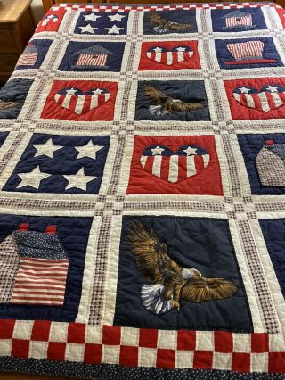 Omg Americana Vintage Hand Crafted & Quilted Red White Blue Stars Hearts Quilt