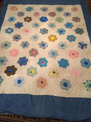 Vintage Quilt Cotton Handmade 70”x 90”patch Flower Pattern W/blue Pom Poms