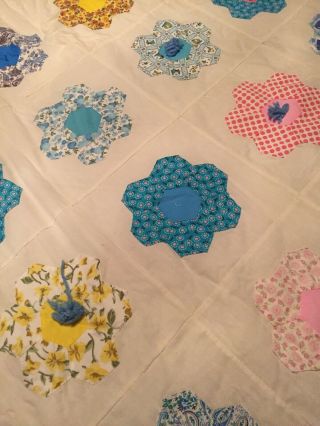 Vintage Quilt Cotton Handmade 70”x 90”Patch Flower Pattern W/blue Pom Poms 2