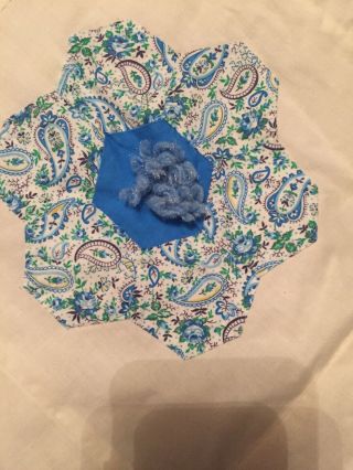 Vintage Quilt Cotton Handmade 70”x 90”Patch Flower Pattern W/blue Pom Poms 3