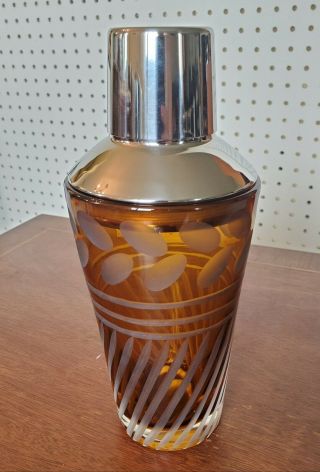 Vintage Mid Century Modern Amber Cut Glass Cocktail Bar Shaker