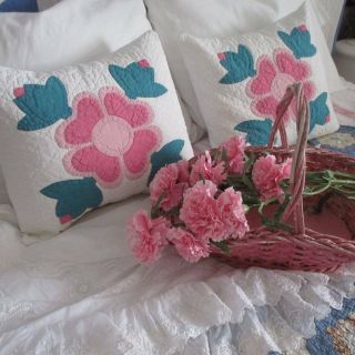 Charming Vintage Cottage PINK ROSE Applique QUILT Pillow Sham 14 1/2 