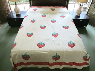 Large Vintage Feed Sack Hand Sewn Applique Strawberry Quilt Top