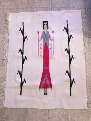ORTEGA ' S CHIMAYO MEXICO 48x36 Wool Hand Woven Rug Blanket Girl Corn Maiden 2