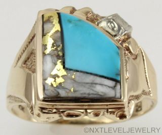Antique Art Deco VERY RARE Gold in Quartz & Turquoise 10k Solid Gold Men ' s Ring 2