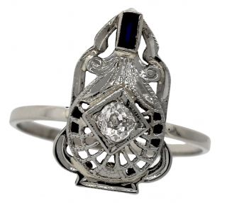 Antique Art Deco 14k White Gold Sapphire Gemstone Diamond Conversion Ring