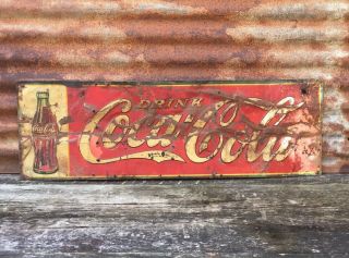 Vintage Metal Coke Sign Drink Coca Cola Soda 1920s Era 11 1/2 X 34 1/2