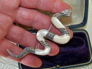 Vintage 925 Sterling Silver Mother Of Pearl Marcasite Snake Reptile Brooch Pin