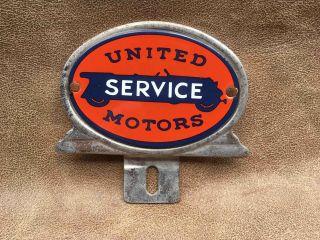 Old United Motors Service Porcelain And Chrome Advertising License Plate Topper